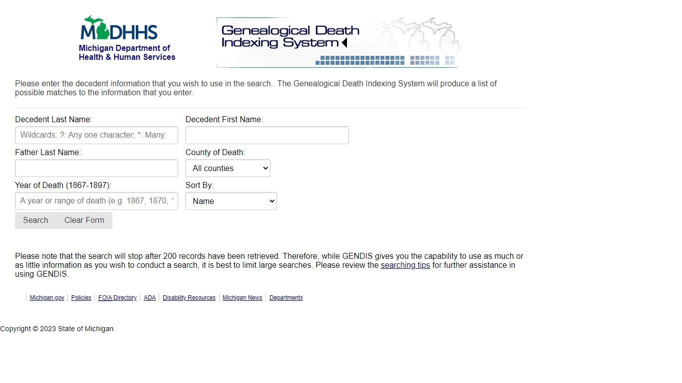 Genealogical Death Indexing System - Michigan